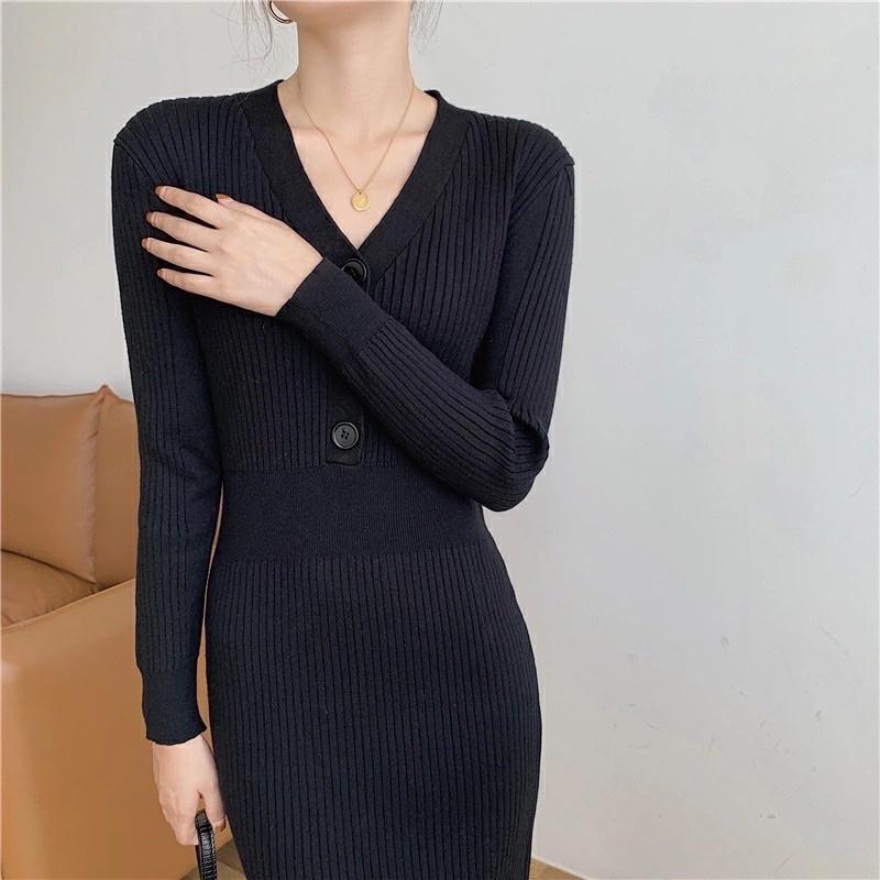Váy Len Body Cúc 4 Màu Đen Trắng Be Đỏ Cổ V Chất Len Xịn Ấm Len Form Chuẩn Style Hàn Quốc Nhẹ Nhàng Sang Chảnh