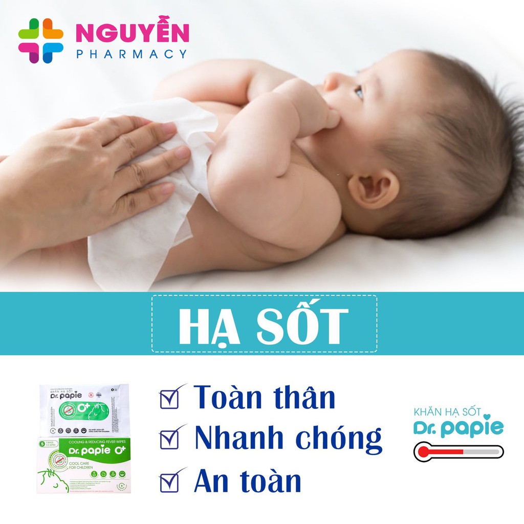 Khăn lau hạ sốt Dr Papie - Lau hạ nhiệt, giảm sốt cho bé từ 3 tháng trở lên từ thảo dược, bạc hà, tía tô