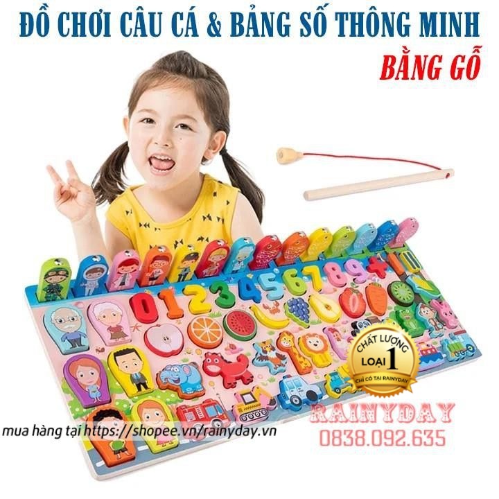 Đồ chơi trẻ em bằng gỗ - bộ bảng số thông minh kèm câu cá và ghép số học đếm vừa học toán cho bé trai gái