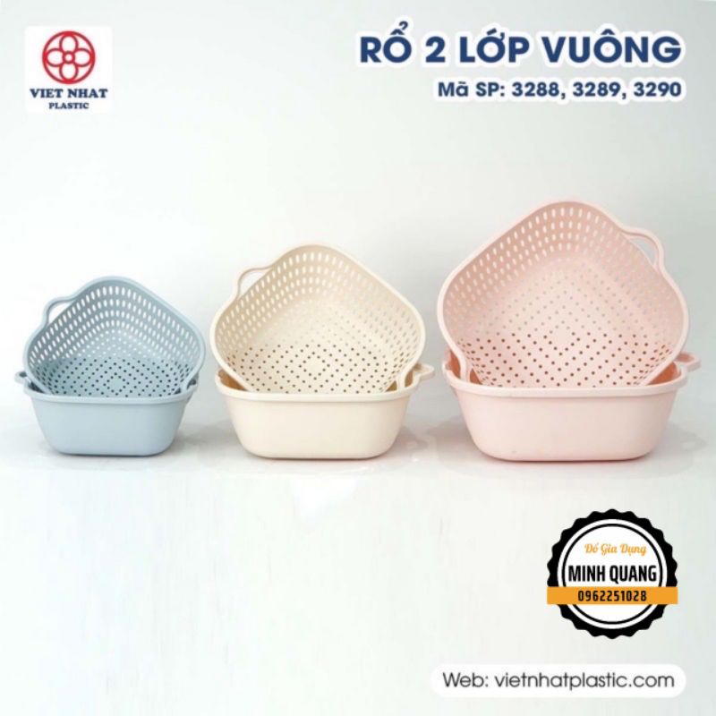 Bộ Thau Rổ 2 Lớp Vuông Nhựa Việt Nhật 6 Món, Bộ Rổ Kèm Chậu 2 in 1 Hứng Nước Rau Củ Quả