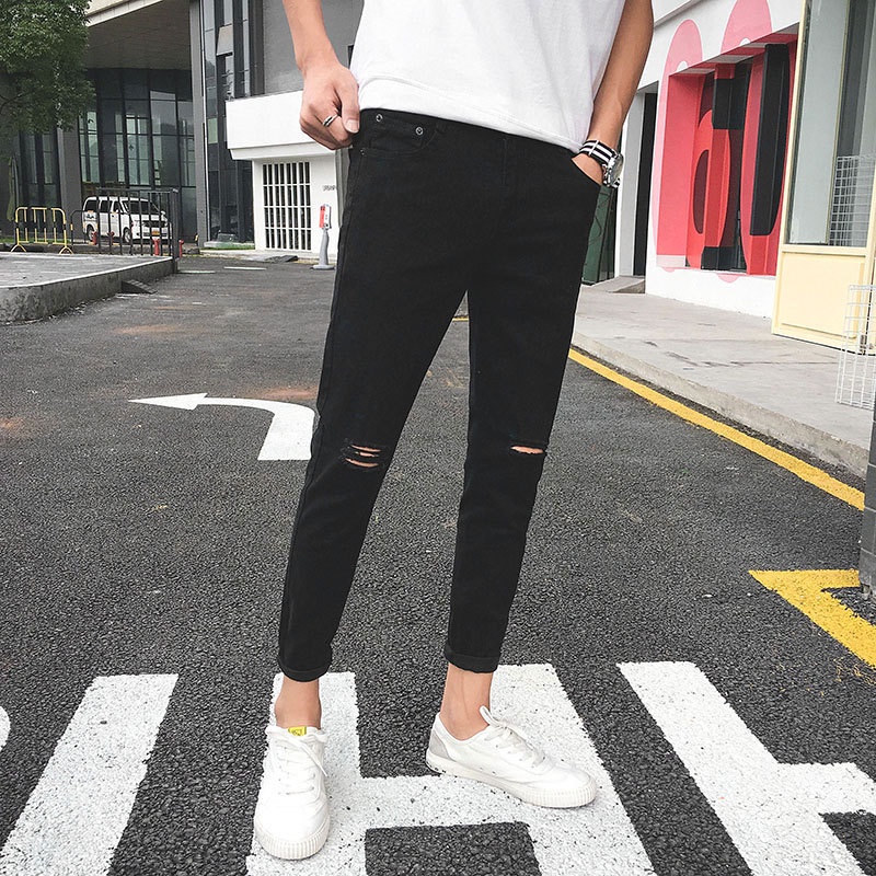 Quần jean nam rách gối màu đen TDSHOP skinny jean nam trơn chất bò co giãn 4 chiều ôm dáng cực đẹp