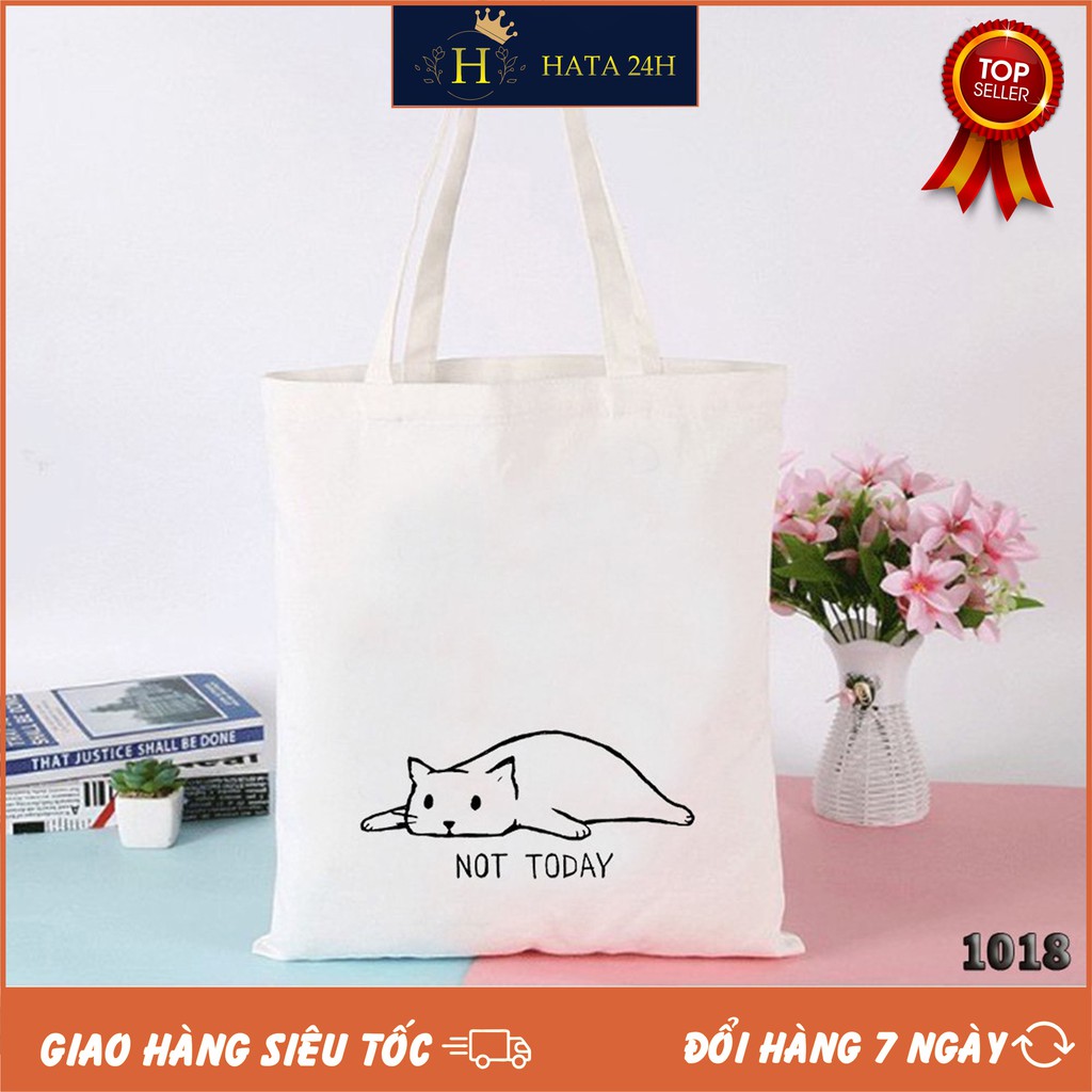 Túi Tote Trắng Vải Canvas Cao Cấp 1018 481 Mèo Lười Not To Day Thời Trang Hàn Quốc Cực Hot