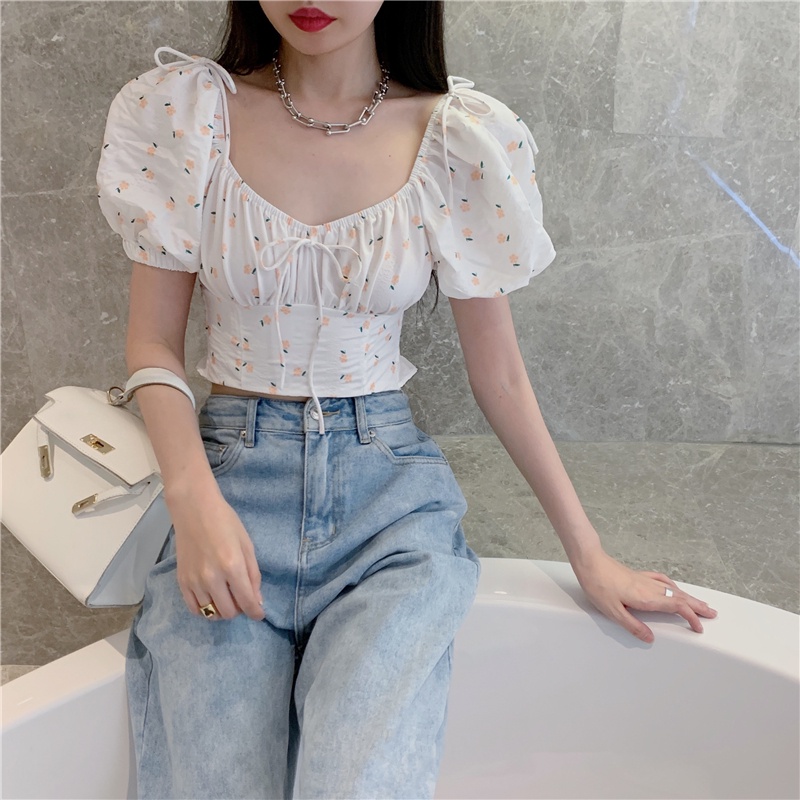 Áo croptop tay phồng cổ chữ V in họa tiết hoa kiểu Hàn Quốc thời trang mùa hè tùy chọn màu sắc cho nữ