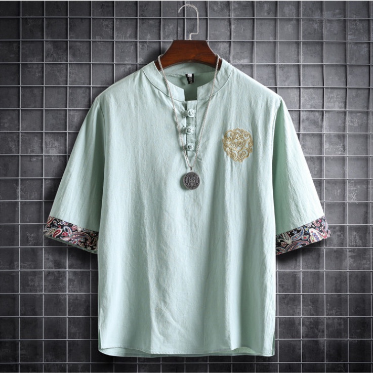 Áo Thun Cotton Lanh Thêu Hình Chim Hạc Độc Đáo Phong Cách Trung Hoa Cho Nam