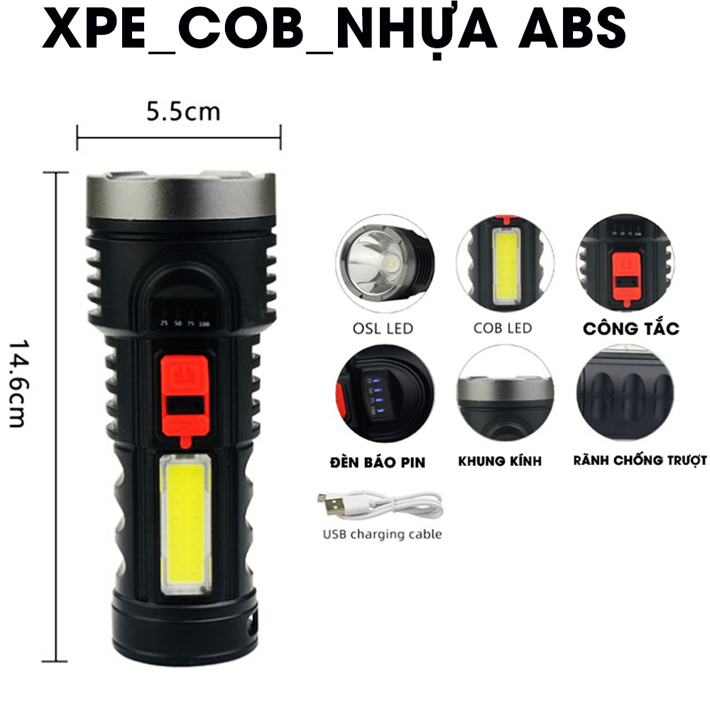 Đèn pin siêu sáng , XPE và COB , chất liệu nhưa ABS, có chớp , có pha dung lượng pin 1200mah, sạc điện cổng USB 5 v.