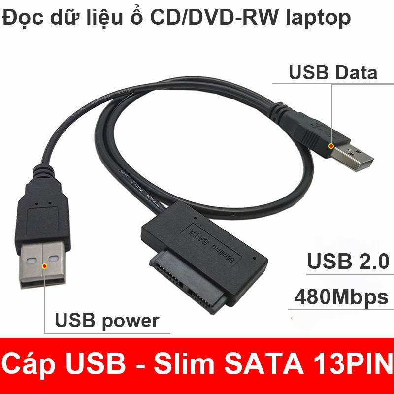 Cáp USB 2.0 sang Slim SATA 7+6 13PIN - Cáp đọc ổ CD DVD-R DVD-RW của máy Laptop tháo ra