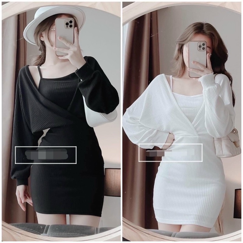 Đầm yếm body thun gân phối kiểu MC tay dài