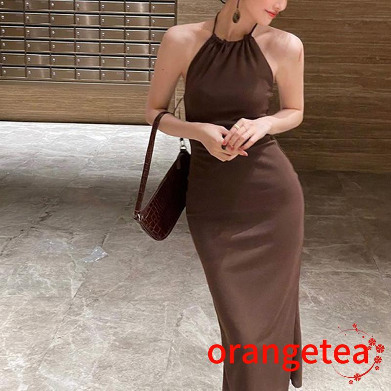 Women Summer Bandage Halter Dress Charming Solid Color Sleeveless Backless Long Evening Gowns