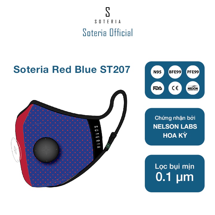 Khẩu trang tiêu chuẩn Quốc Tế SOTERIA Red Blue ST207 - Bộ lọc N95 BFE PFE 99 lọc đến 99% bụi mịn 0.1 micro- Size S,M,L