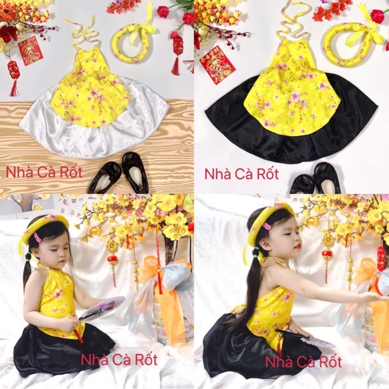 Set yếm đào gấm vàng hoa kèm mấn cho bé gái