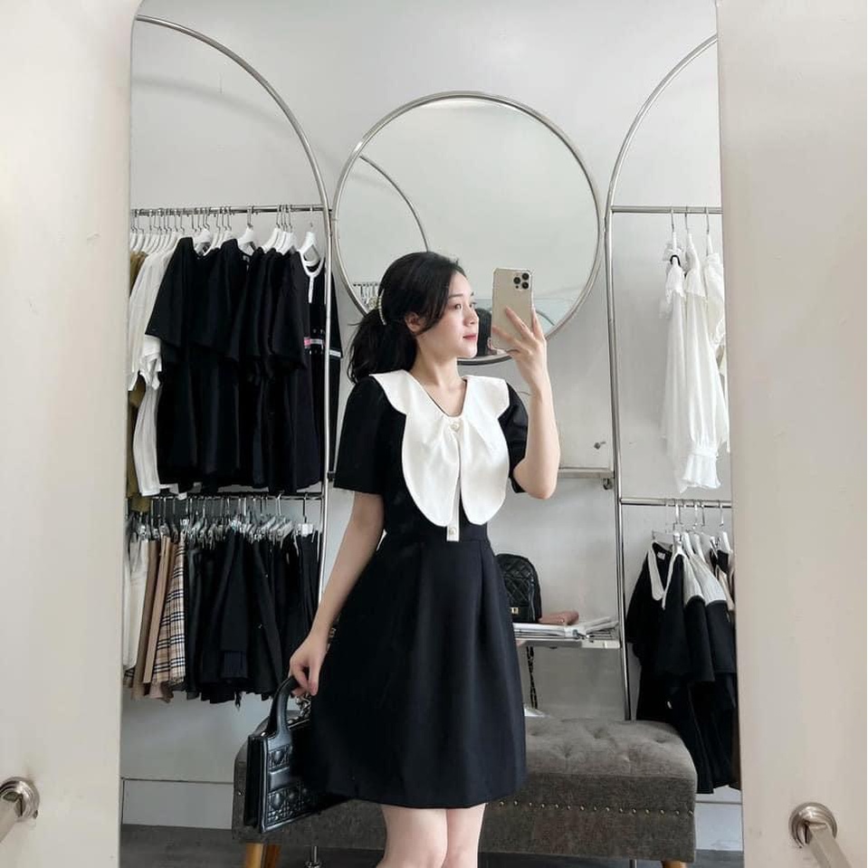 Váy xuông cổ phối dáng cánh hoa tiểu thư