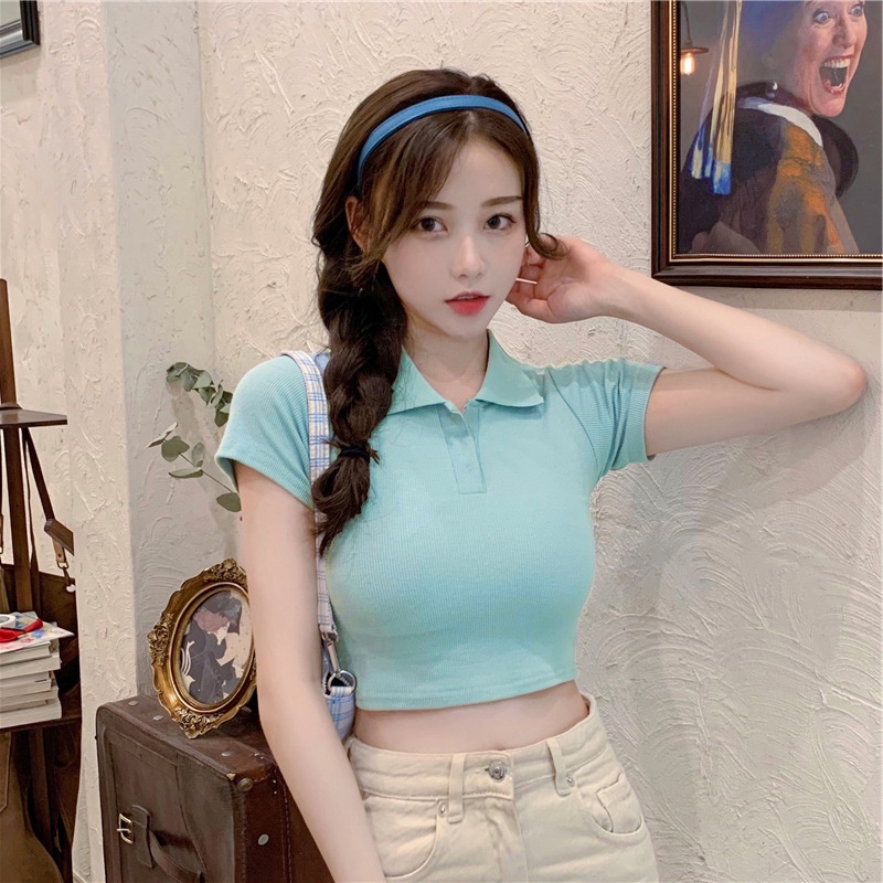 Áo croptop Polo, Áo thun nữ dáng croptop ôm tay ngắn cổ đức, croptop Polo nữ ngắn tay