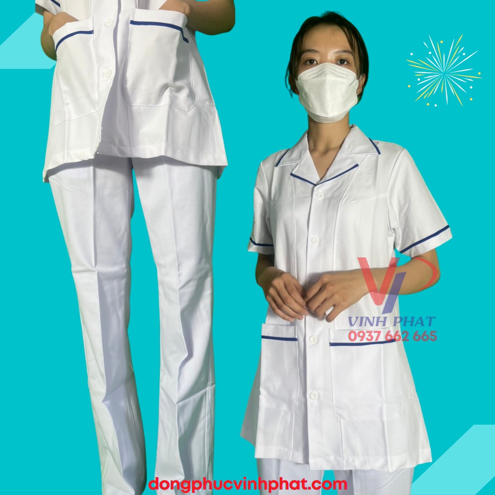 Áo Blouse Trắng Nữ Ngắn Tay Điều Dưỡng, Dược Sĩ Y Tá Chất Vải Cao Cấp - Áo Blouse Ngắn Tay Phối Viền Xanh - Ảnh Thật