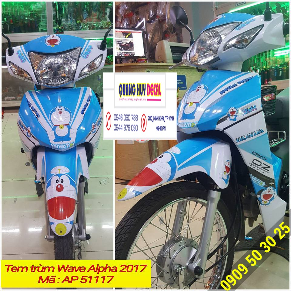 Tem trùm wave doremon xanh trắng alpha 110, độ phủ bộ team decal cho xe máy rẻ đẹp (dán đời 2006-2020)