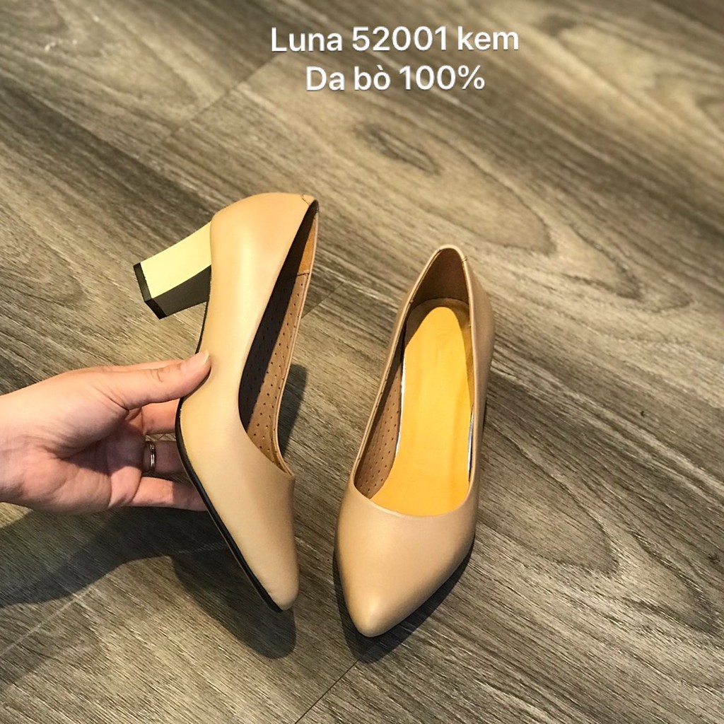 Giày cao gót nữ da bò thật cao 5p LUNASHOES 52001 giầy cho mẹ mềm êm chân guốc màu đỏ kem đen nâu trắng bảo hành 2 năm