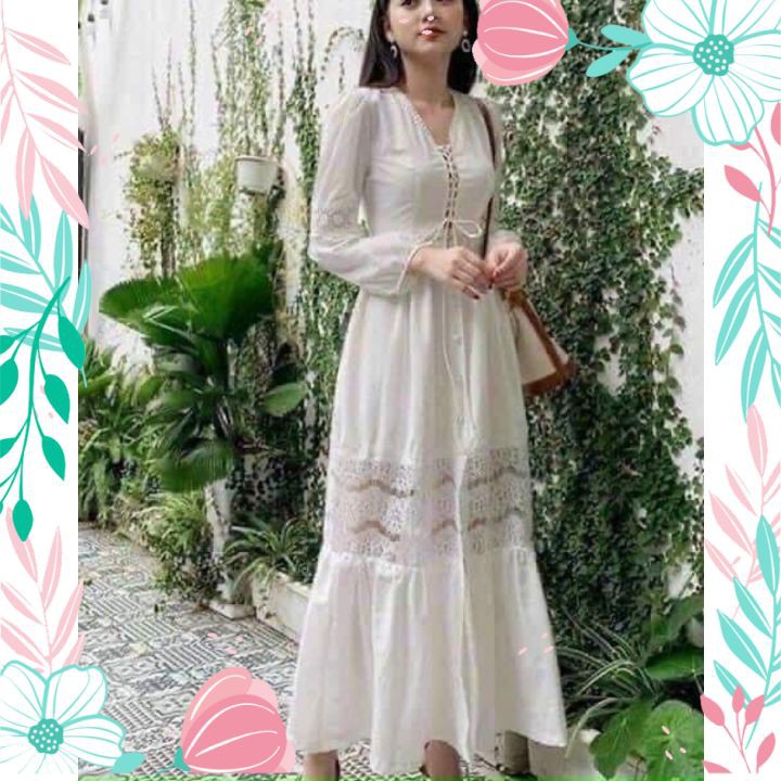 Đầm Maxi Nữ Phối Ren Dây Rút Maxi Màu Trắng Dáng Xòe | BigBuy360 - bigbuy360.vn