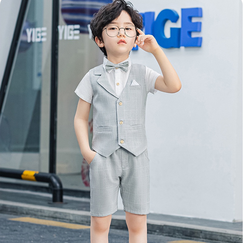 Bộ Trang Phục Biểu Diễn Vải Cotton Kẻ Sọc Ca Rô Màu Đỏ/Xám/Xanh Dương Cho Bé Trai