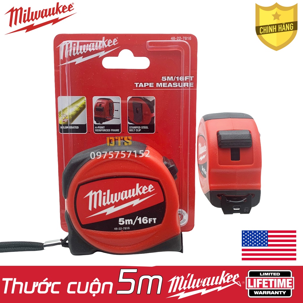 Thước kéo 5m cao cấp Milwaukee Mỹ siêu bền, thước cuộn thép nền trắng công nghiệp độ chính xác tuyệt đối, chống va đập