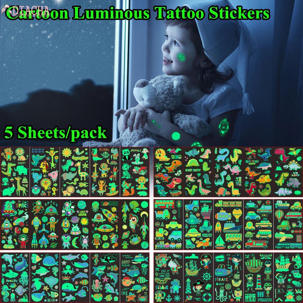 Set 5 tấm hình xăm dán dạ quang chống nước in hình khủng long cho bé