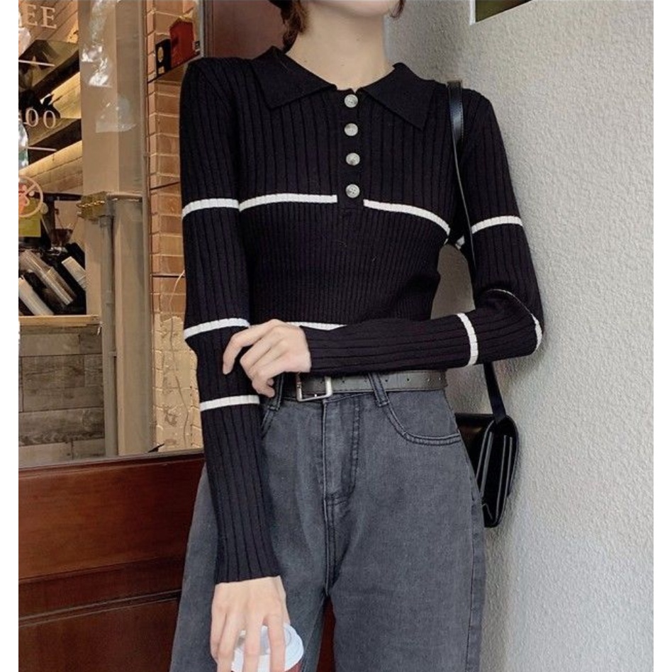 Áo Sweater cổ polo dáng ôm phong cách hàn quốc dành cho nữ