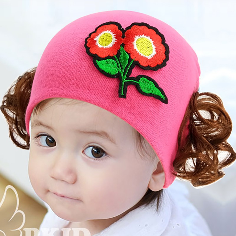 Mũ trùm đầu phối tóc giả họa tiết hoa dễ thương cho bé gái