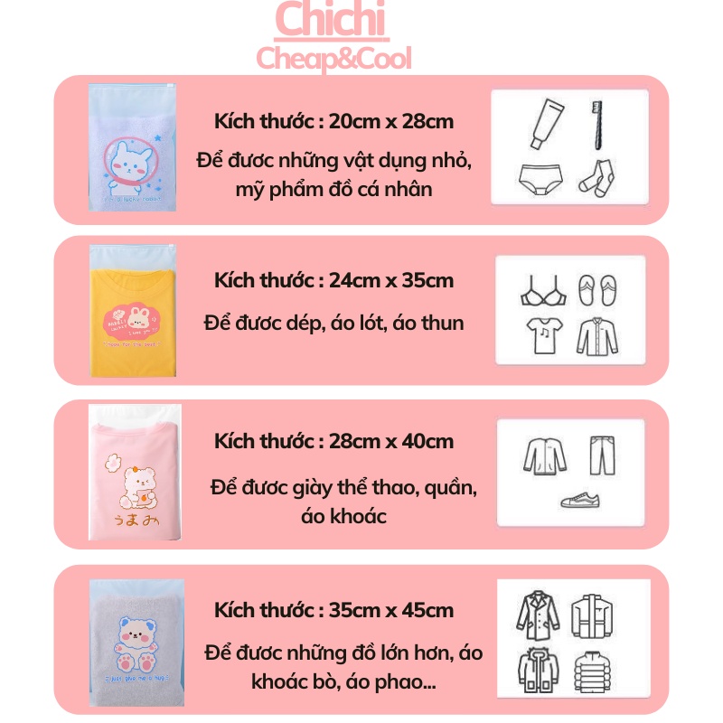 Túi zip có khóa kéo in hình gấu nhỏ xinh cute túi dây rút đựng quần áo mỹ phẩm chống nước Chichi TCN10