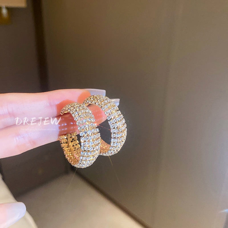 DREJEW Khuyên tai hình chữ C màu bạc đính kim cương phong cách Âu Mỹ thời trang