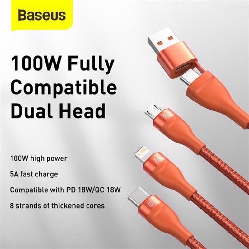 Cáp sạc nhanh 3 đầu Baseus Flash Series 3in1 Plus(USB+Type C to Micro+Lightning+Type C,100W Quick Charge and Data C cho