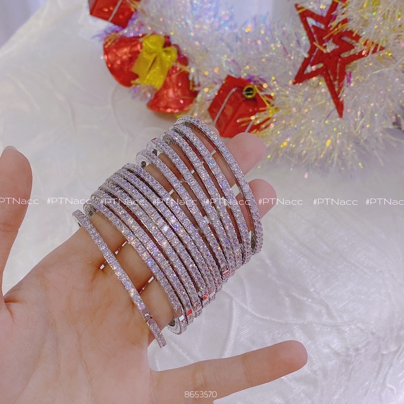 Vòng tay xi bạch kim, cặp vòng nữ mini mảnh full đá 3li đơn giản .PTNACC.