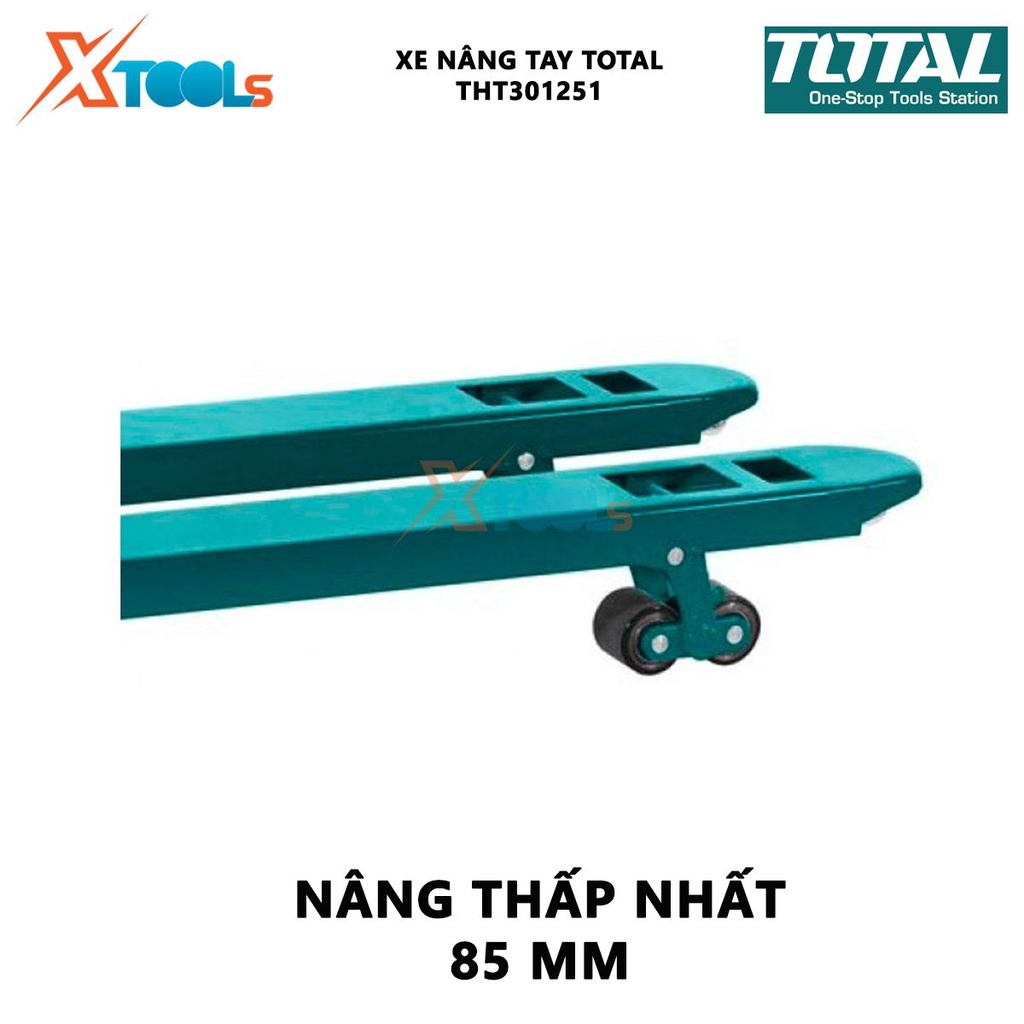 Xe nâng tay TOTAL THT301251 Xe nâng kéo hàng Tải trọng 2.5 tấn Nâng thấp nhất 85 mm Nâng cao nhất 200 mm Kích thước bánh