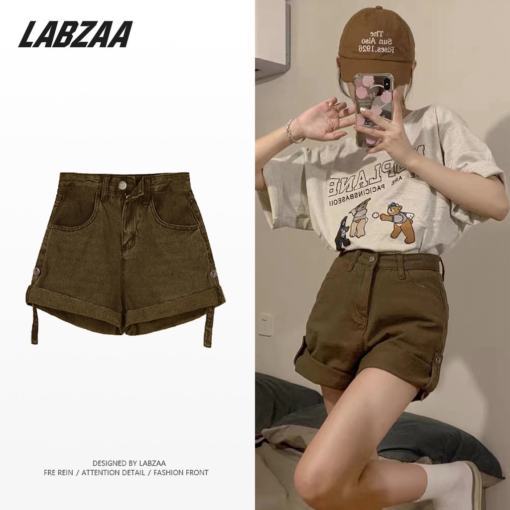 Quần Short denim Lưng Cao Ống Rộng Màu Nâu Phong Cách Mỹ Cổ Điển Thời Trang Mùa Hè 2022 Cho Nữ