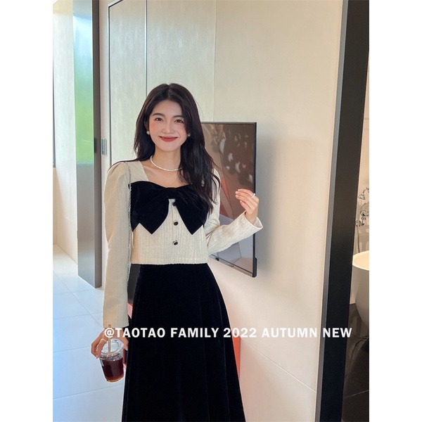 (A12)Set Dạ Nơ Ngực Chân Váy Nhung Midi tiểu thư