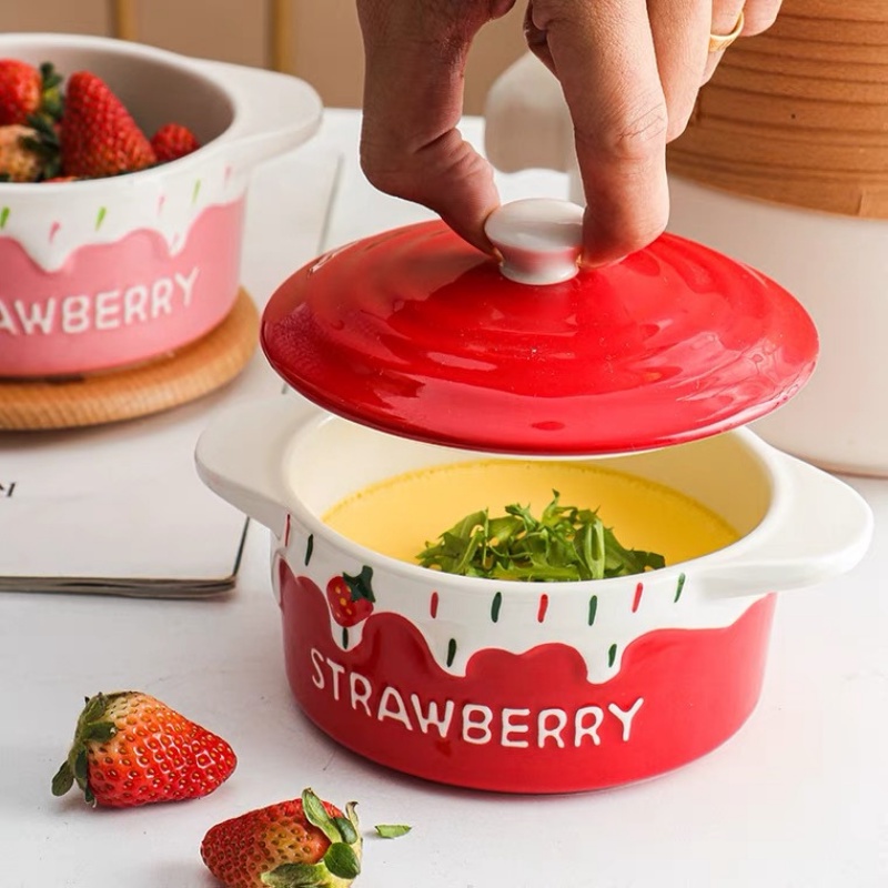 Bát sứ - Bát sứ có nắp - Hũ dâu tây đỏ mọng và hồng viền trắng Strawberry - làm bánh flan, đựng salad