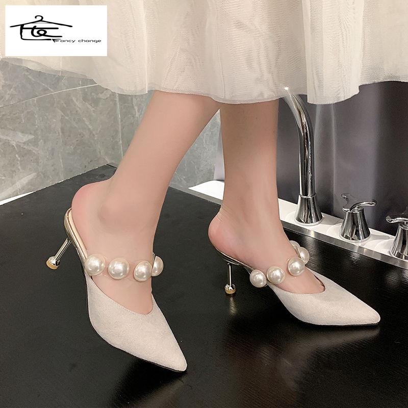 Dép Sandal Cao Gót Mũi Nhọn Phối Dây Ngọc Trai Thời Trang Mùa Hè Dành Cho Nữ