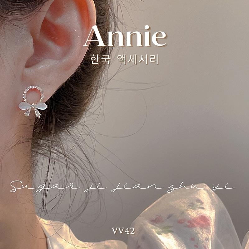 Bông tai nơ đính đá chuôi bạc 925 cao cấp kiểu dáng nhỏ xinh dể thương ANNIE - VV42