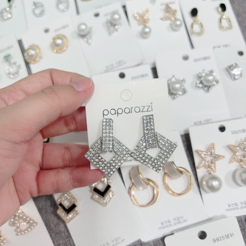 bông tai đính đá hình tứ giác sang chảnh, khuyên tai đính đá zircon