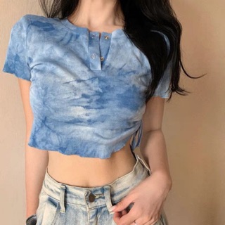 [Có sẵn+ảnh thật] Áo croptop thun gân dây rút màu tie dye cá tính