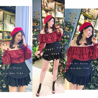 Set áo bèo đỏ trễ vai + chân váy tầng dập ly