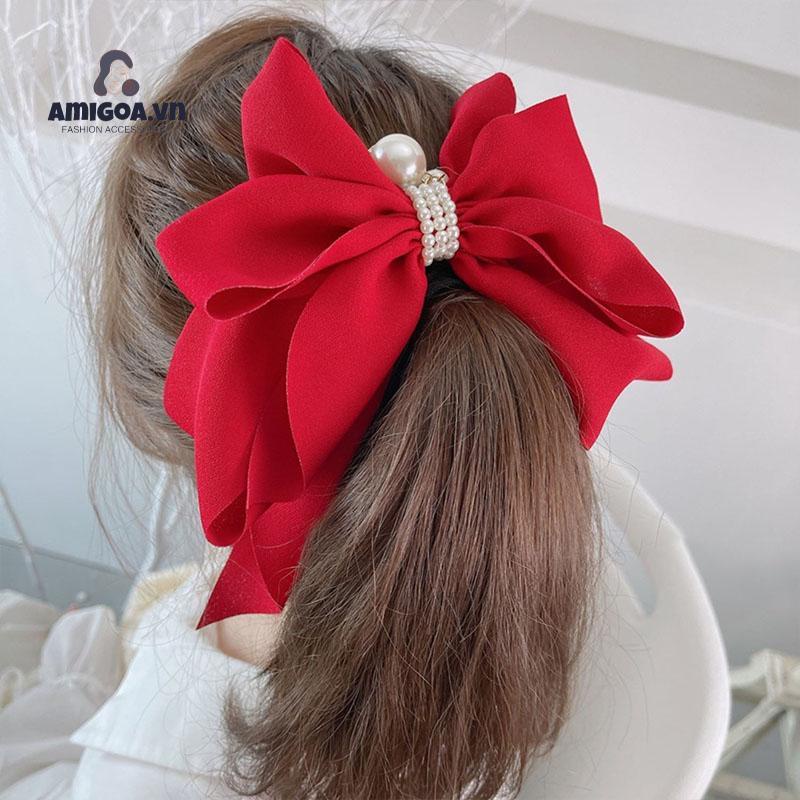Kẹp Tóc Hình Nơ Đính Ngọc Trai Phong Cách Hàn Quốc Dễ Thương Cho Nữ