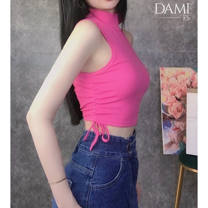 Áo ba lỗ cổ cao form croptop dây rút sườn