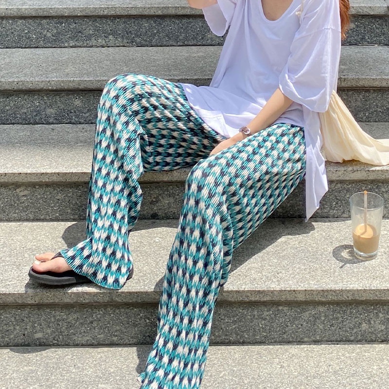 Quần dài XINLANYASHE lưng cao ống rộng họa tiết sọc caro thiết kế mỏng năng động thời trang cho nữ