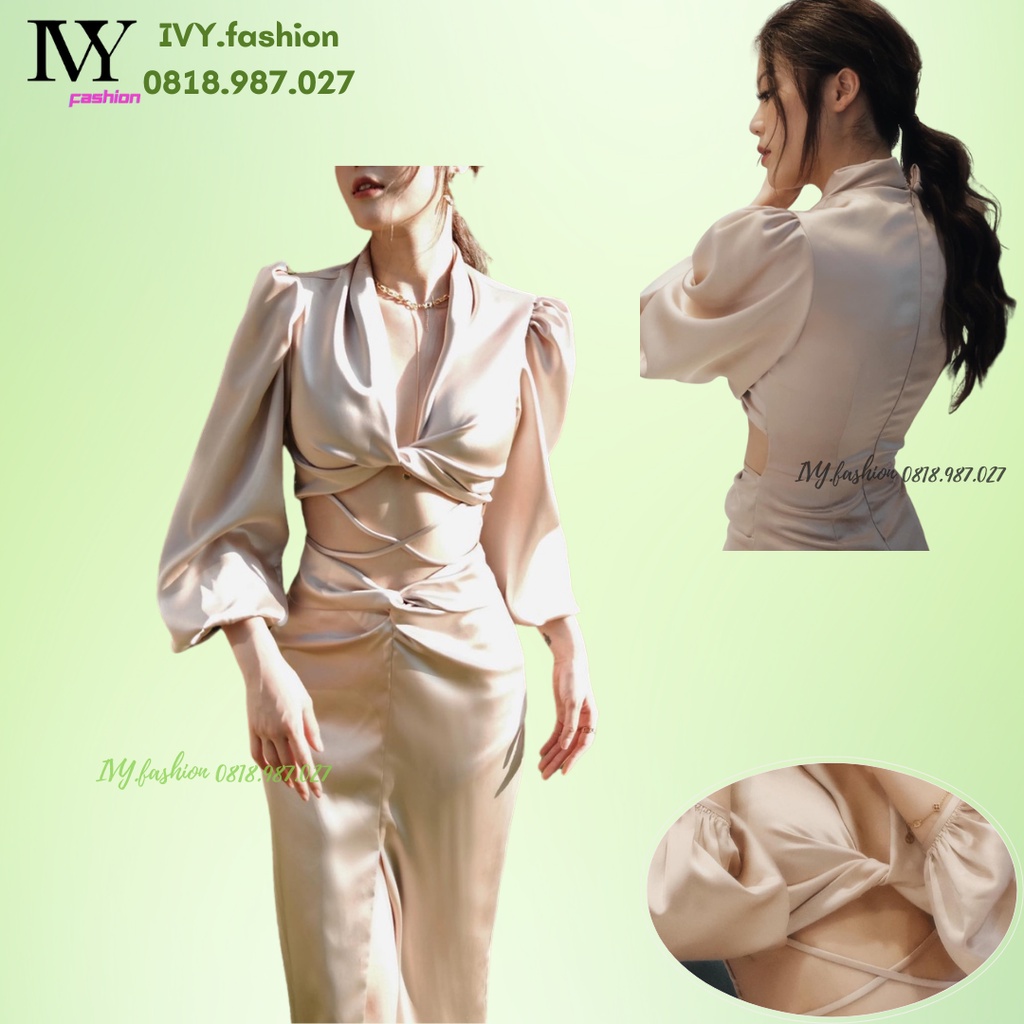 Đầm midi ôm body 🔥 lụa 🔥 cổ V tay dài cột eo nude vàng đồng ivy.fashion đi biển dự tiệc dạo phố bigsize gợi cảm