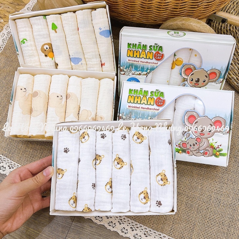 Khăn sữa xô nhăn mipbi hộp 6 chiếc loại đẹp - khăn sữa xô muslin cao cấp