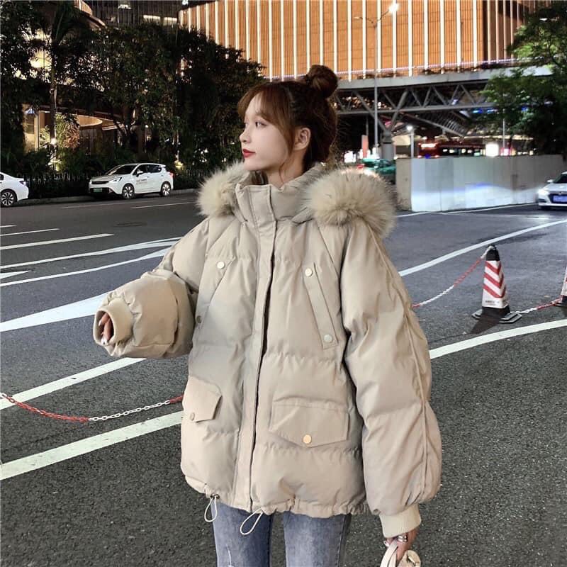 Áo Phao Túi Ngực Chéo Mũ Lông Nữ  Nana's House - FREESHIP  Áo khoác mùa đông trơn cúc bấm form rộng HOT