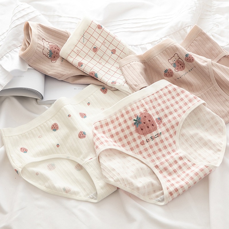 Quần lót cotton thoáng khí in hình dâu tây phong cách Hàn Quốc cho nữ