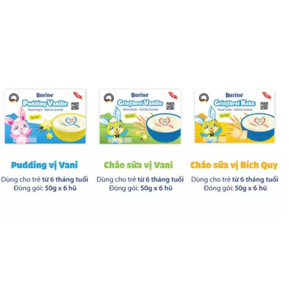 [Mua 1 Tặng 1 Chính Hãng Giá Sốc] Cháo sữa Burine Vani Và Bích Quy Và Pudding Vani [1 Lốc 6 Hủ] [6x50g] Date 6/2022
