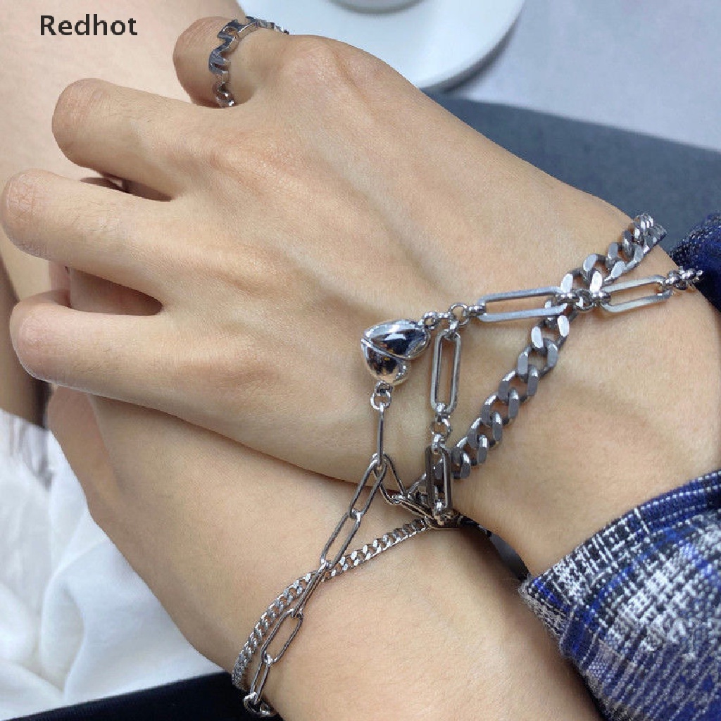 &lt; Redhot &gt; Vòng Tay Dây Xích Màu Bạc Khóa Nam Châm Hình Trái Tim Thời Trang Cho Cặp Đôi Nam Nữ