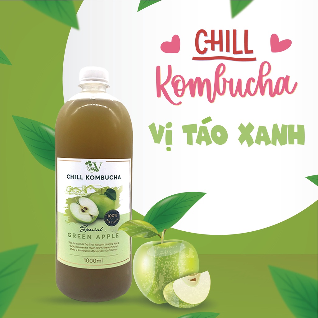 Trà Bất Tử Chill Kombucha TÁO 1L -  Trà hoa quả lên men con giống scoby - Foodland