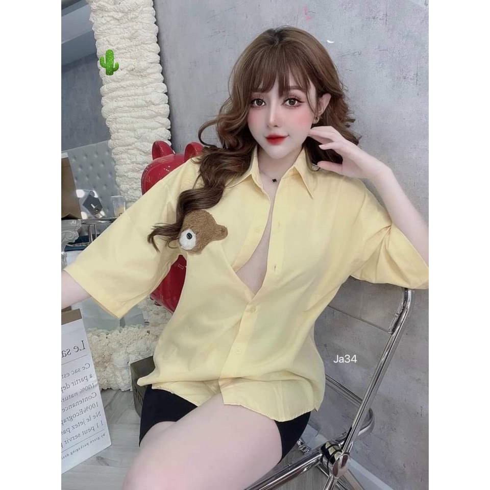 Áo sơ mi form rộng tay lỡ thêu logo gấu bên ngực cực xinh , chất kate lụa mềm mịn ( ảnh thật )