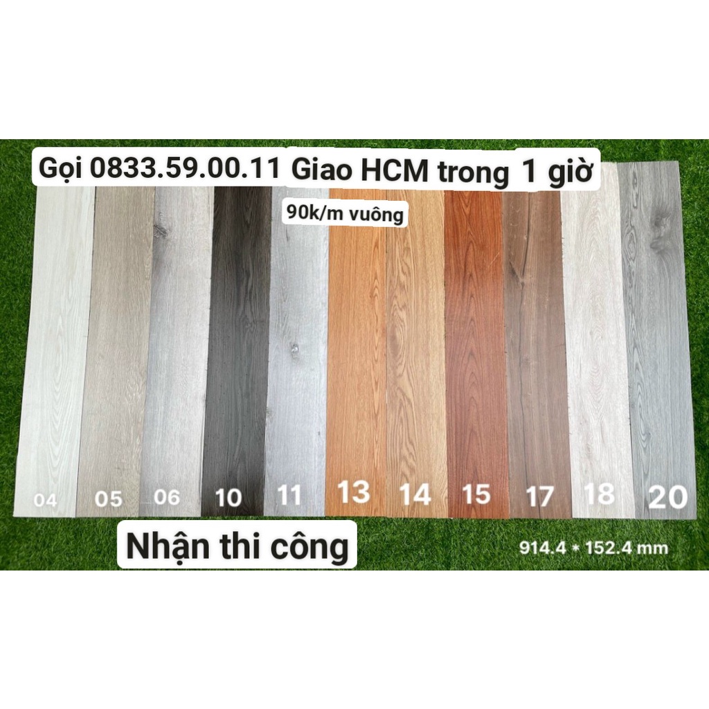 SÀN NHỰA NGUYÊN SINH GIẢ GỖ có keo sẵn - giá rẻ.Kích thước 1 miếng dài 91.4cm rộng 15.2cm Nhận thi công